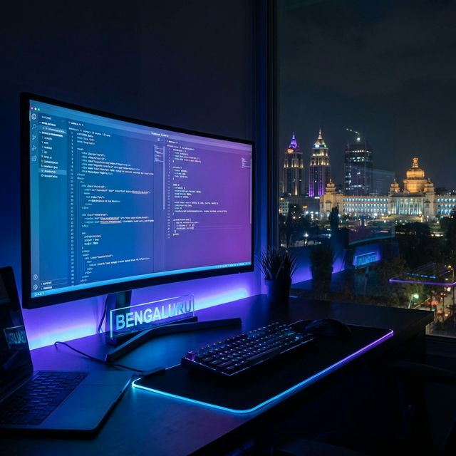 Choosing a web development company in Bengaluru - workspace with code and city skyline